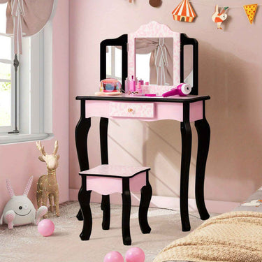 Pink Kids Vanity Makeup Set Pink Bedroom Dresser with Stool Set and Tri-Folding Mirror